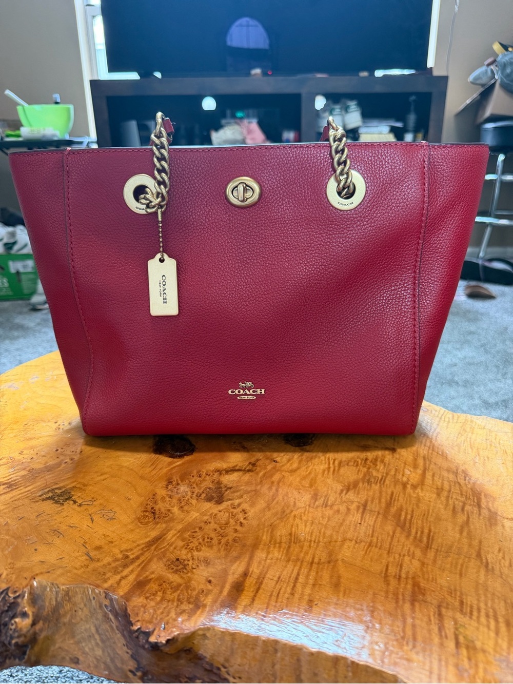 Coach Turnlock Chain Tote 27 Shoulder Bag in Red Jasper Polished Pebble Leather!